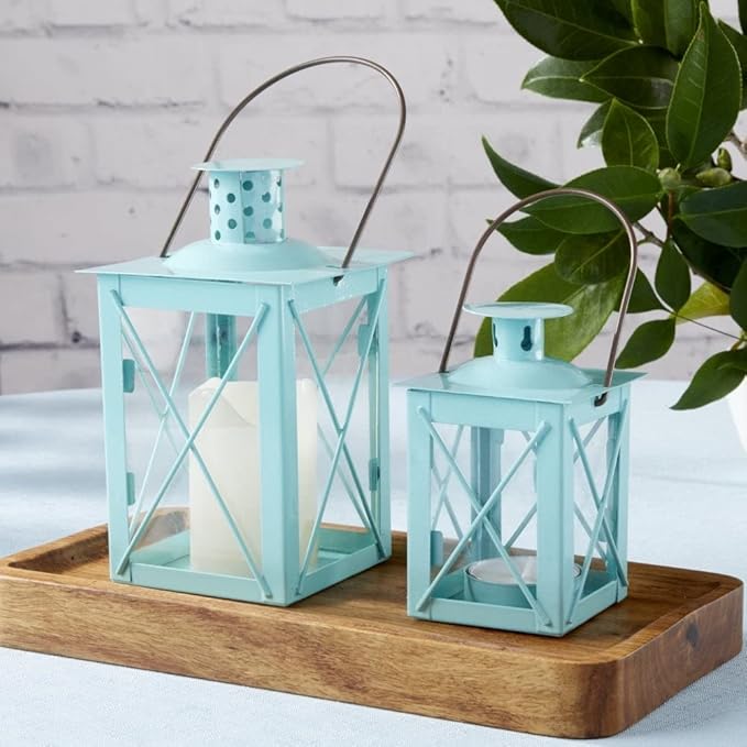 Kate Aspen Medium Decorative Lanterns - Set of 12 - Luminous Blue Metal Lantern Tealight Candle Holders Centerpieces for Wedding, Home Decor and Party - 6.3" H (8.9" H with Handle)