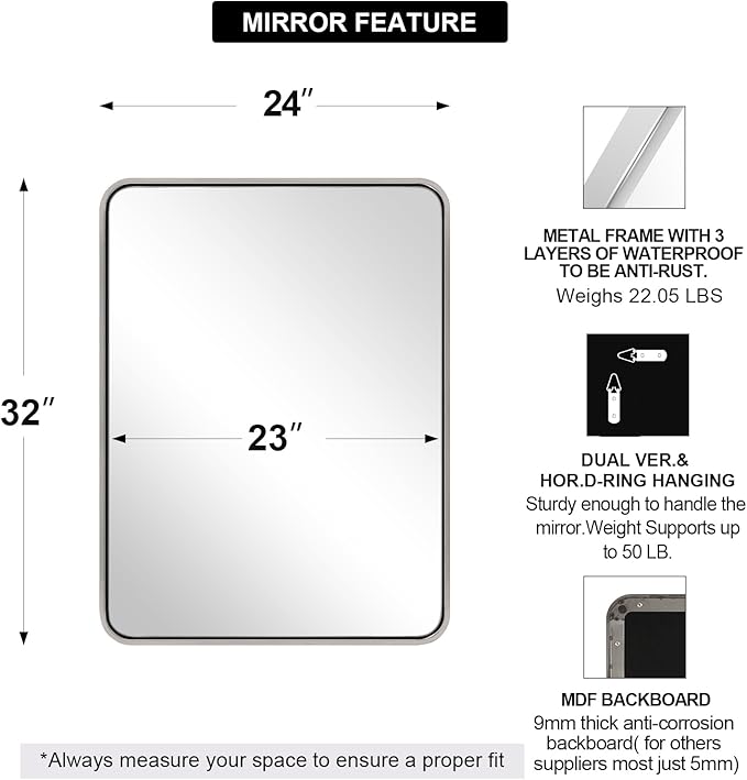 ANDY STAR 24x32 INCH Chrome Mirrors for Bathroom, Polished Nickel Bathroom Mirror, Rounded Rectangle Mirror, Anti-Rust SUS304, Tube Metal Frame, 1’’ Deep Wall Mounted Vertically/Horizontal