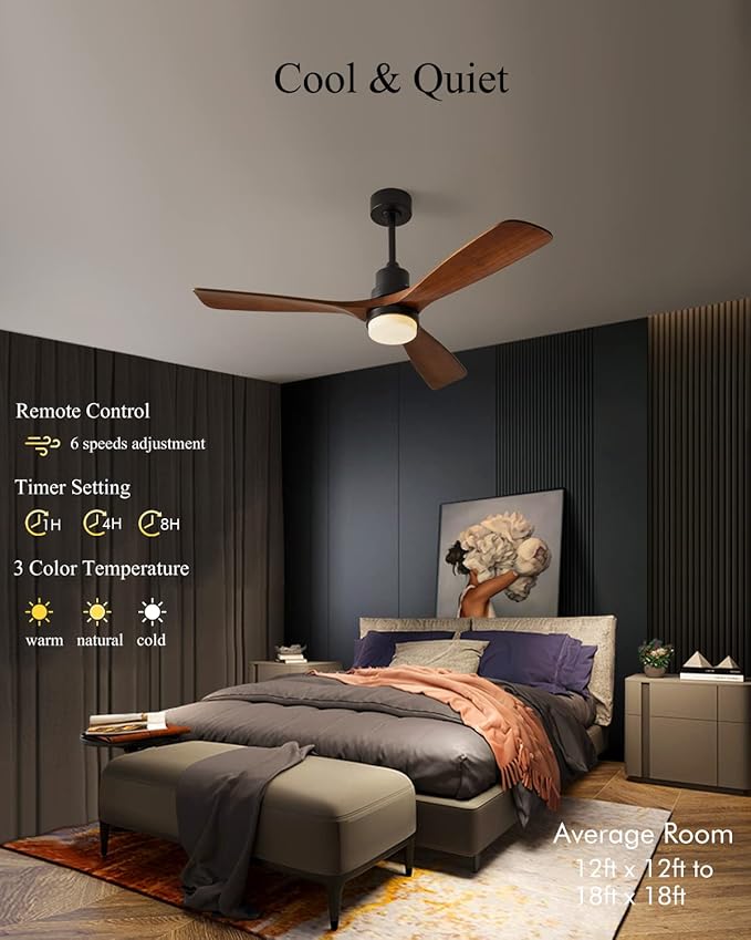 Modern Ceiling Fans with Lights, 3 Wood Fan Blades, 52" Black with Remote Control, Noiseless Reversible DC Motor for Bedroom/Living Room/Study/Patio