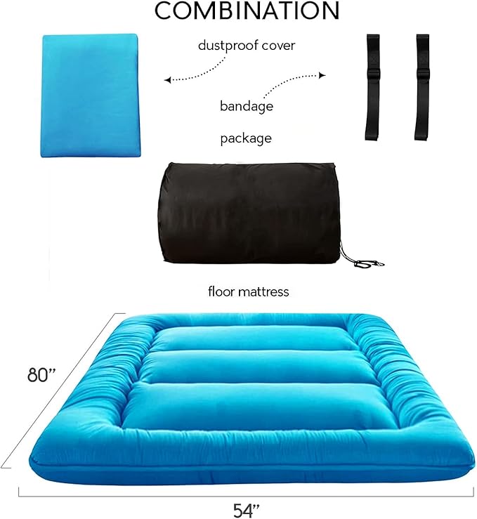 MAXYOYO Japanese Floor Mattress Futon Mattress, Thicken Tatami Mat Sleeping Pad Foldable Roll Up Mattress Boys Girls Dormitory Mattress Pad Kids Floor Lounger Bed Couches and Sofas, Turquoise, Full
