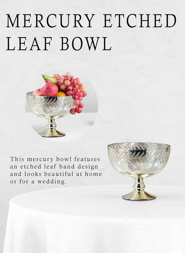Serene Spaces Living Silver Etched Leaf Mercury Glass Bowl, Vintage Compote Bowl (Pack 1)