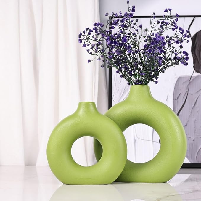 Green Ceramic Vase Set of 2, Flower Vase for Home Decor, Donut Vase for Green Decor, Modern Boho Decorative Vase, Round Hollow Pampas Grass Vase, Perfect for Dining Table, Mantel & Centerpiece
