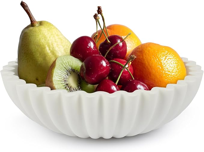 Large Decorative Bowl for Home Decor - Centerpiece for Coffee Table,Dining Table,Kitchen, Entryway Key bowl & Fruit Display - Modern Concrete Stone Design (White)