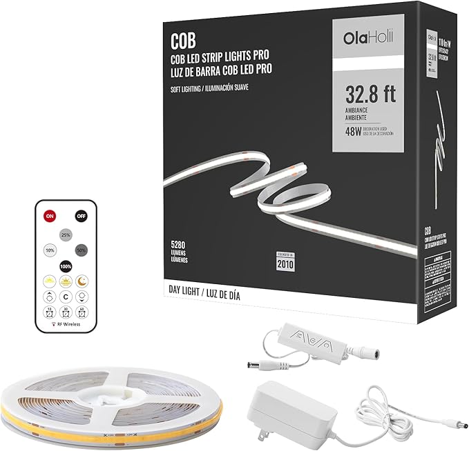 32.8ft COB Led Strip Light with Remote, 6500K Dimmable Bright Daylight White Led COB Strip Light, White Continuous Led Strip Light for Mirror, Stair, Cabinet, Room