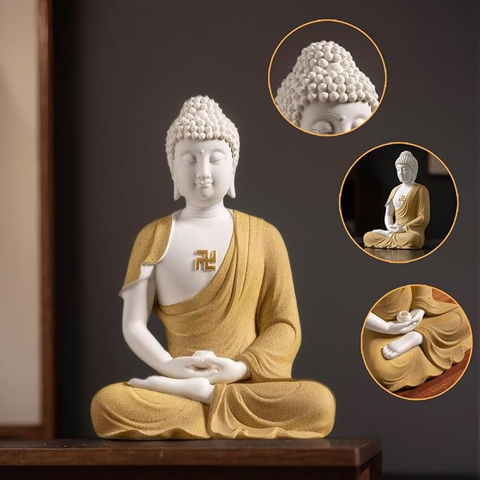 Shakyamuni Buddha Ceramic Statue Indoor Backflow Incense Burner with Led Ring Light Heart Meridian Painting，Meditation Decoration for Home and Office, Suitable for Cone and Stick Incense
