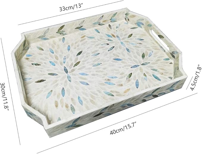 16 Inch Mother of Pearl Tray Dodecagon, Large Lacquer Shell Tray with Handles and 2”Side, Decorative Shell Serving Tray Inlay Nacre Ottoman Tray for Coffee Table, Vanity Organizer, Breakfast, M, i-lan