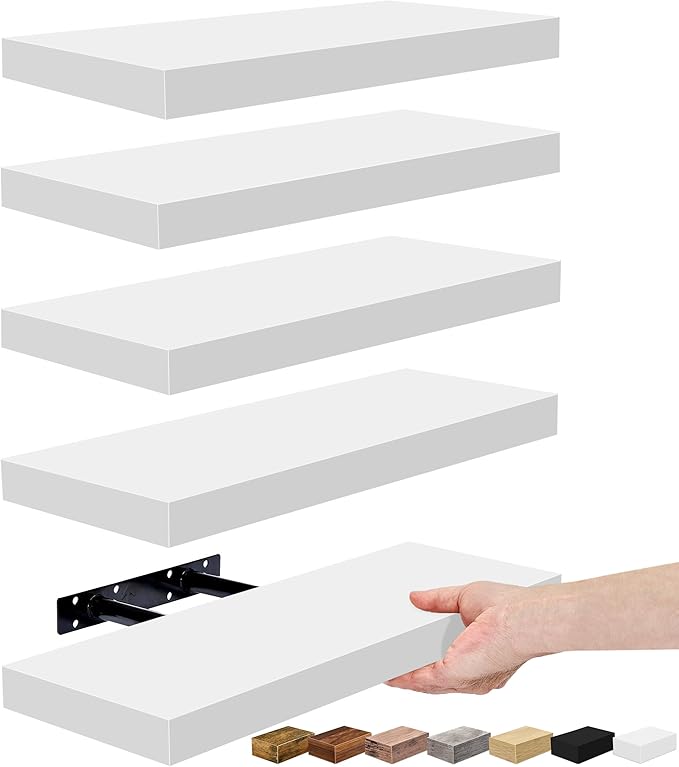 Sorbus Floating Shelves for Wall, Bathroom Shelves Wall Mounted for Kitchen, Bedroom, Living Room, Bathroom Storage, Over Toilet, Hanging Book Shelf for Ｗall Home Decor (White, 5 Pack)