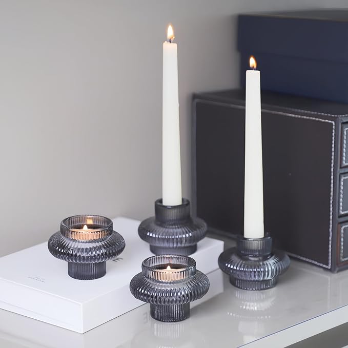 VOHO Smoky Grey Taper Candle Holders Set of 6, Classic Ribbed Candle Sticks Holder Decor for Table Centerpiece at Daily/Birthday/Party, Double Sided Candle Holder for Candlesticks & Tea Lights Candles