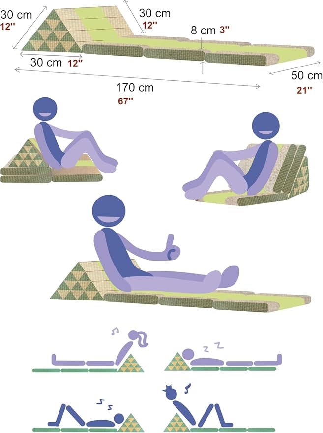 Leewadee - Comfortable Japanese Floor Mattress Used As Thai Floor Bed with Triangle Cushion, Futon Mattress Or Thai Massage Mat, 67 x 21 inches, Brown Green