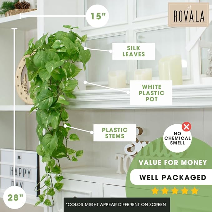 ROVALA Silk Plants for Home Decor Indoor in Pot Realistic Artificial Plants Fake Hanging Plants Faux Plants Indoor Fake Potted Plants Fake Plants for Shelves Bathroom Plants, Fake Pothos (Light Green)