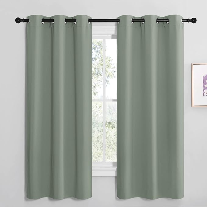 NICETOWN Greyish Green Room Darkening Curtains for Kitchen, Window Treatment Thermal Insulated Solid Grommet Room Darkening Curtains/Drapes for Bedroom (Set of 2, 42 inches Wide by 68 inches Long)