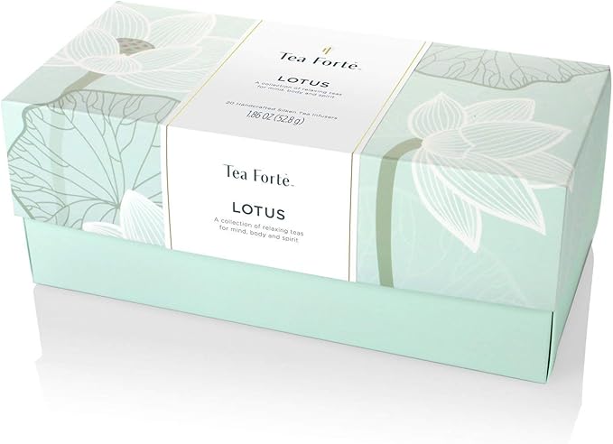 Tea Forte Lotus Presentation Box Tea Gift Set Sampler, 20 Assorted Variety Handcrafted Pyramid Infuser Bags, Black, Green, Oolong, White, Herbal Blends