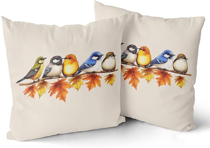 Giwawa Colorful Fall Birds Pillow Covers Pack of 2 20x20 Inch Autumn Thanksgiving Maple Leaf Branch Decorative Throw Pillow Cases Cotton Soft Cushion Covers for Sofa Couch Season Patio Car
