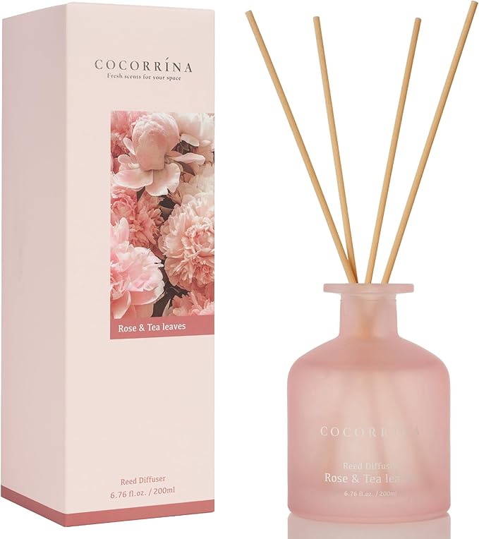 Cocorrína Reed Diffuser - Rose & Tea Leaves 6.76oz Diffuser with Sticks Home Fragrance Essential Oil Reed Diffuser for Home Bedroom Bathroom Shelf Decor Office Decor (Summer Collection)