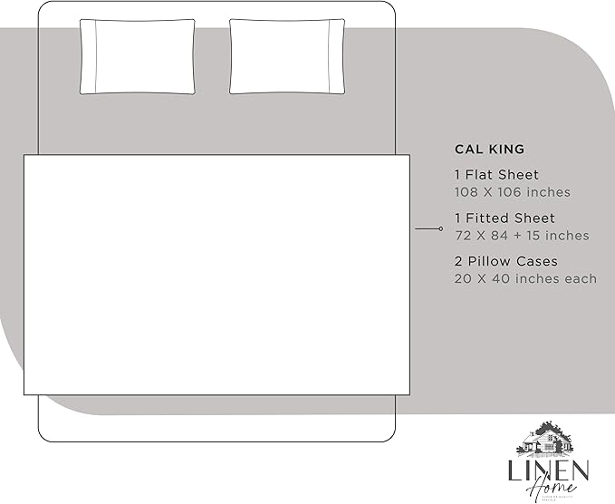 Linen Home 100% Cotton Percale Sheets California King Size, Silver, Deep Pocket, 4 Pieces Set - 1 Flat, 1 Deep Pocket Fitted Sheet and 2 Pillowcases, Crisp Cool and Strong Bed Linen