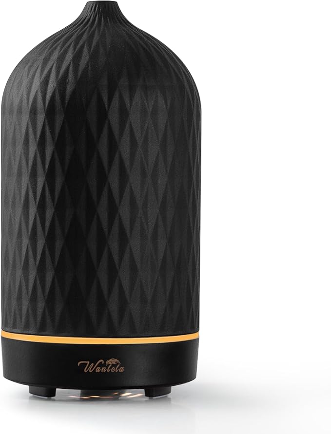 Wanlola Essential Oil Diffuser with Diamond Pattern,120ML Aromatherapy Ceramic Diffusers with Auto Off Function & Warm Light for Home,Decor,Black