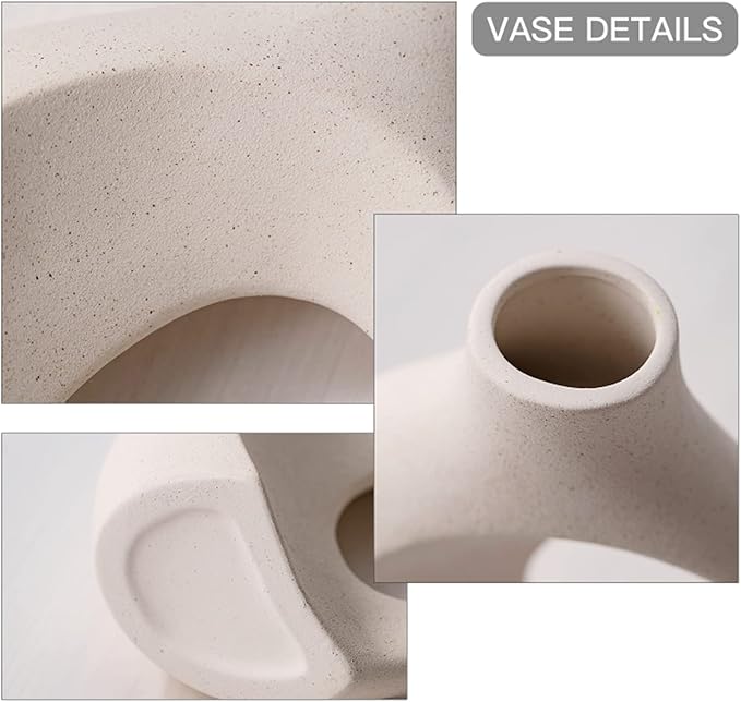 Levvohd Off White Hollow Ceramic Vase Set of 2, Round Modern Vase for Nordic Minimalist Book Style Shelf Decor, Donut Boho Aesthetic Vases for Trendy Home Living Room Entryway Coffee Table Decorative