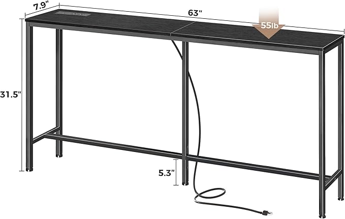 SUPERJARE Console Table with Outlet, 63 Inch Sofa Table with Charging Station, Narrow Entryway Table, Skinny Hallway Table, Behind Couch Table, for Living Room, Plants, Black