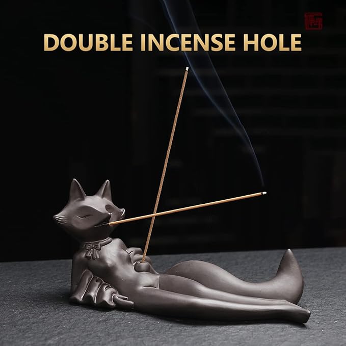ChangWanna Incense Holder for Sticks - Funny Fox Insence Burner Ash Catcher, Cute Ceramic Insense Stand with 45 Sandalwood Incense Sticks for Aromatherapy/Yoga/Meditation/Home Living Room Office Décor