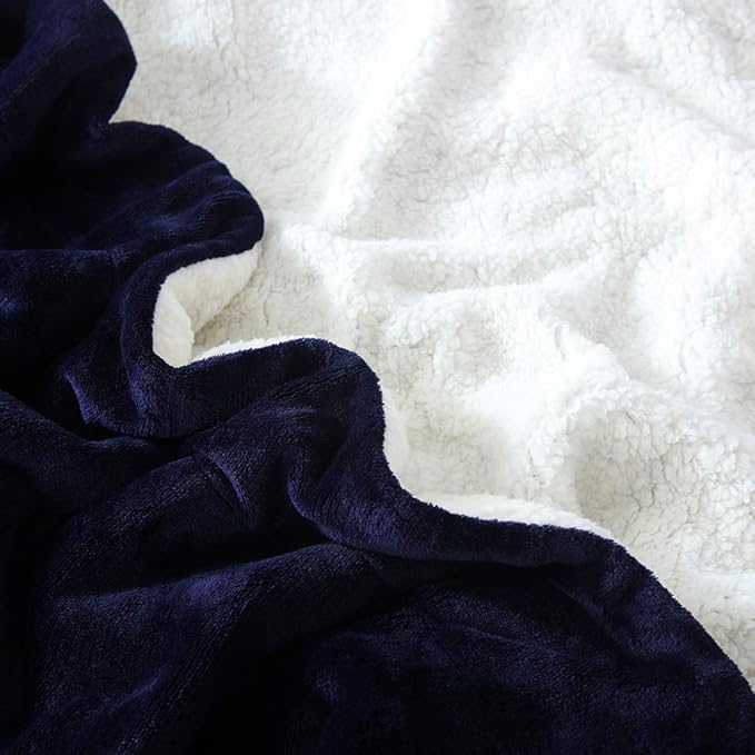 NANPIPER Couch Blanket Reversible Sherpa Flannel Blanket Ultra-Soft Plush Warm Fleece Microfiber (90"x90" Navy Blue) Queen