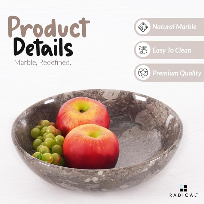 Radicaln Marble Fruit Bowl 10" Inches Oceanic Handmade Fruit Dish for Kitchen Counter, Decorative Bowl for Dining Table, Coffee Table Centerpiece, Banana Holder, Home Decor Accent & Candy Bowl