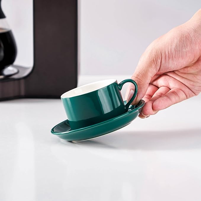 2.5oz Porcelain Stackable Espresso Cups with Saucers and Metal Stand Set of 4, Stackable Cappuccino Cups, Green Expresso Shots Cup Set for Coffee Drinks, Latte, Tea