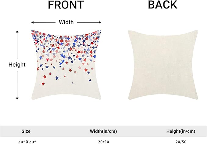 4th of July Pillow Covers 20 x 20 Inch, Red Blue White Patriotic Star Outdoor Decor Throw Pillows for Couch Bed, Independence Day Memorial Day Decorative Pillowcase Linen Cushion Cover Set of 2