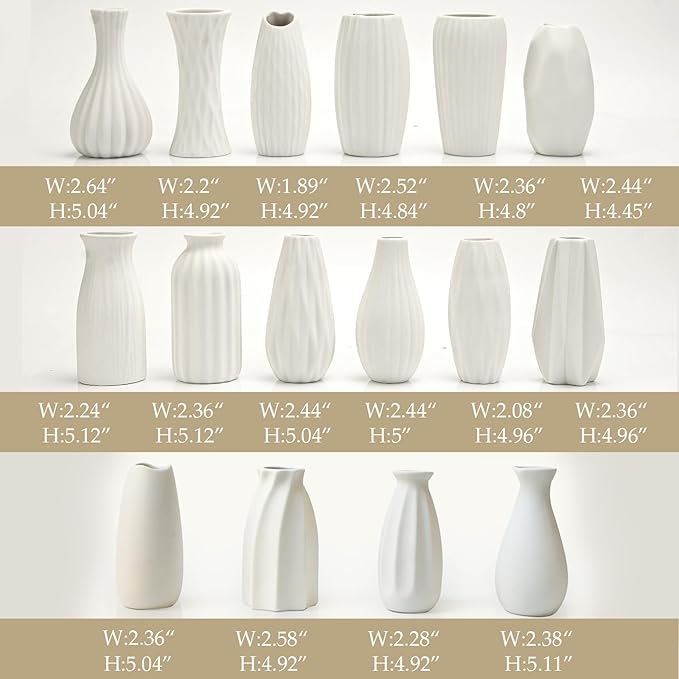 BEAHOT Ceramic Bud Vases Set of 16 - Matte White Mini Ceramic Bud Vases Collection: Non-Repeating Modern Boho Centerpiece - Small Unglazed Jars for for Weddings, Home, Shelf Decor