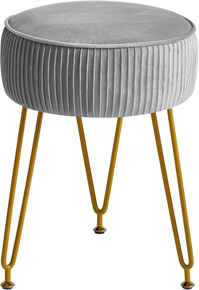 IBUYKE Velvet Round Footrest Ottoman, Makeup Vanity Stool Side Table, Dressing Table Seat, Pouf Couch Stool, Golden Steel Legs, Gray LG-30G