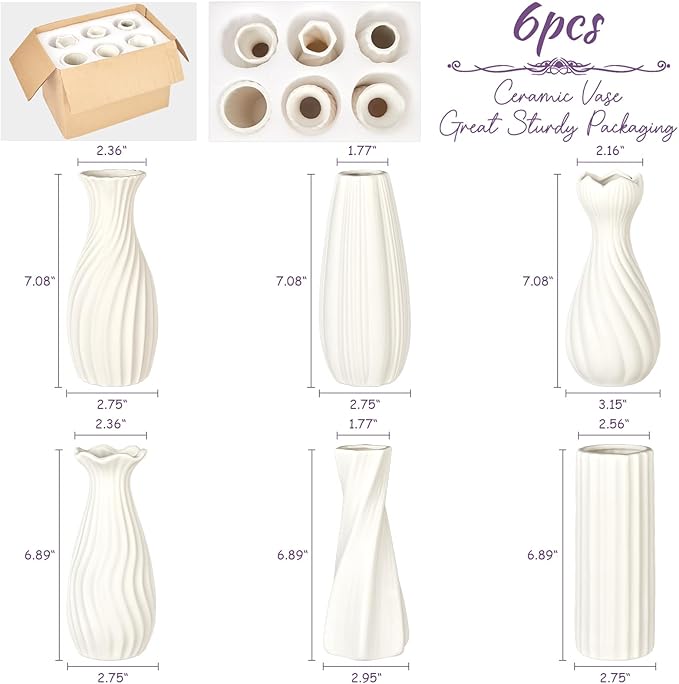 6 Pack Ceramic Bud Vases Set | 7" Roman Column-Inspired White Ceramic Vases with Textured Finish | Boho Modern Mini Vases for Home Decor, Fresh/Dried Flowers Centerpiece, Living Room Table Ornament