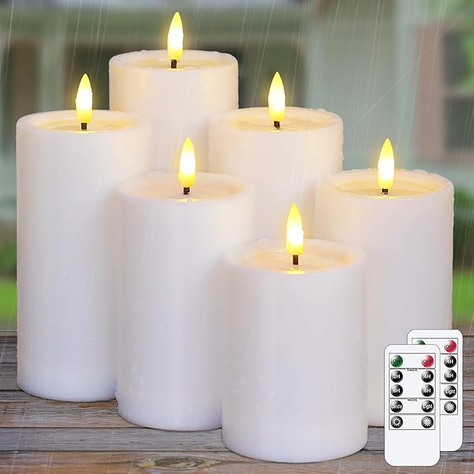 Outdoor 6pcs Flameless Waterproof Candles with Handy Remote Control, Cycle Timer Battery Operated Candle Grease Effect LED Flickering Pillar Plastic Long Lasting (White, 3" x4" 5" 5" 6" 6" 7")