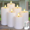 Outdoor 6pcs Flameless Waterproof Candles with Handy Remote Control, Cycle Timer Battery Operated Candle Grease Effect LED Flickering Pillar Plastic Long Lasting (White, 3" x4" 5" 5" 6" 6" 7")