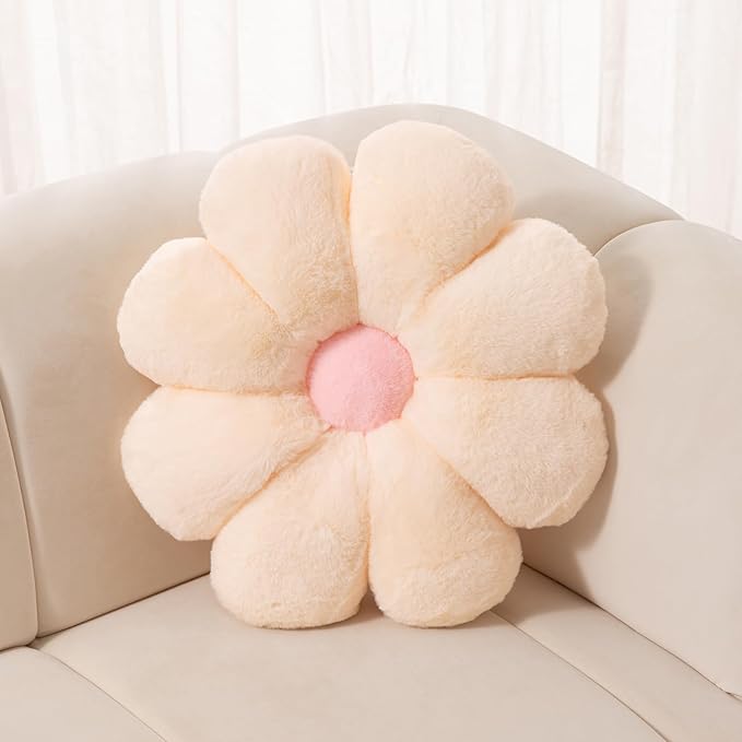17.7In Flower Pillow Decorative Pillows Soft Daisy Pillow Flower Shaped Pillow Floor Seating Custion for Reading, Couch and Room Dector (45CM/Beige)