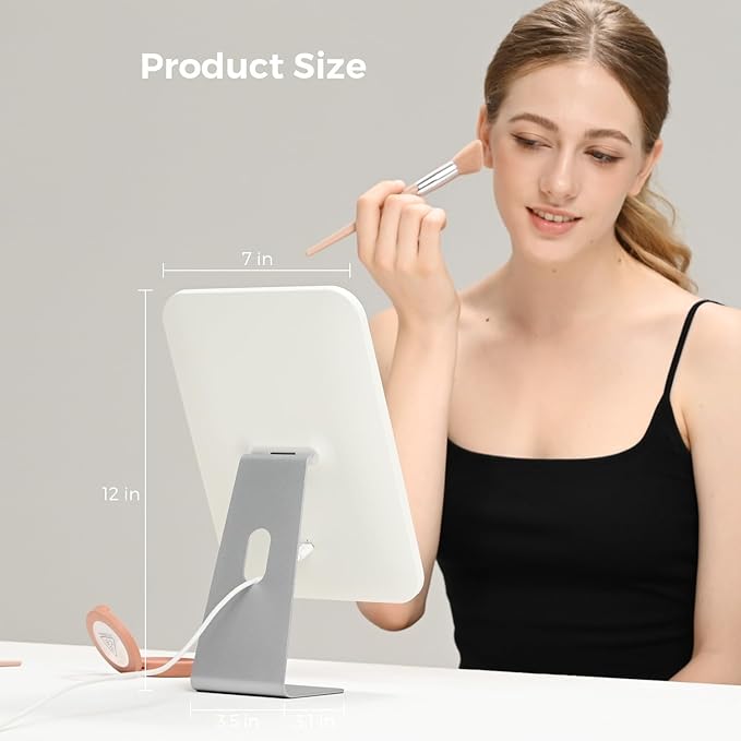 Lighted Makeup Mirror, Metal Table Mirror with Stand, 2000 mAh Rechargeable Vanity Mirror with 3 Colors and Brightness Adjustable, 12 Inch Light up Mirror