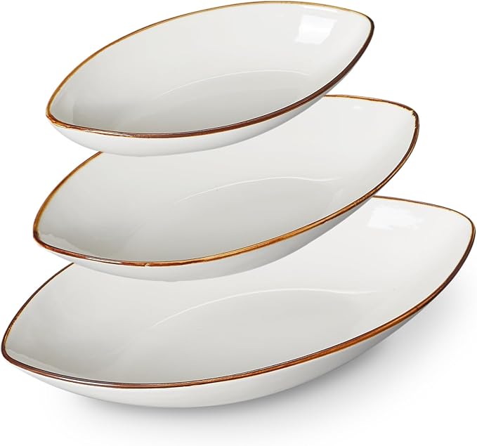 ONEMORE Serving Bowls and Platters Set of 3 - Ceramic Oval Serving Dishes for Pasta, Salad, Soup, Fruit - Perfect for Entertaining, Parties, Housewarming, Wedding, and Gifts - White