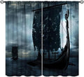 Viking Ship Curtains, Night Scene with Black Vikings Dragon Ship Sailing, Vintage Ancient Scandinavian Nautical Print Blackout Window Drapes for Boys Bedroom Living Room 72x63in