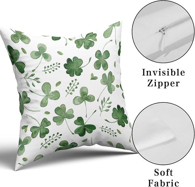 Giwawa St Patricks Day Pillow Covers Set of 2, 18"x18" Watercolor Clovers Sage Green Leaves Square Pillowcases, Spring Shamrock Eucalyptus Throw Cushion Cover for Sofa Couch Bedding Car Decor