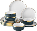 Porcelain Dinnerware Sets, 12 Piece Luxury China Plates and Bowls Sets, Green Dishes Set Gold Rim for Wedding Anniversary Birthday, Modern Dinner Plates Set