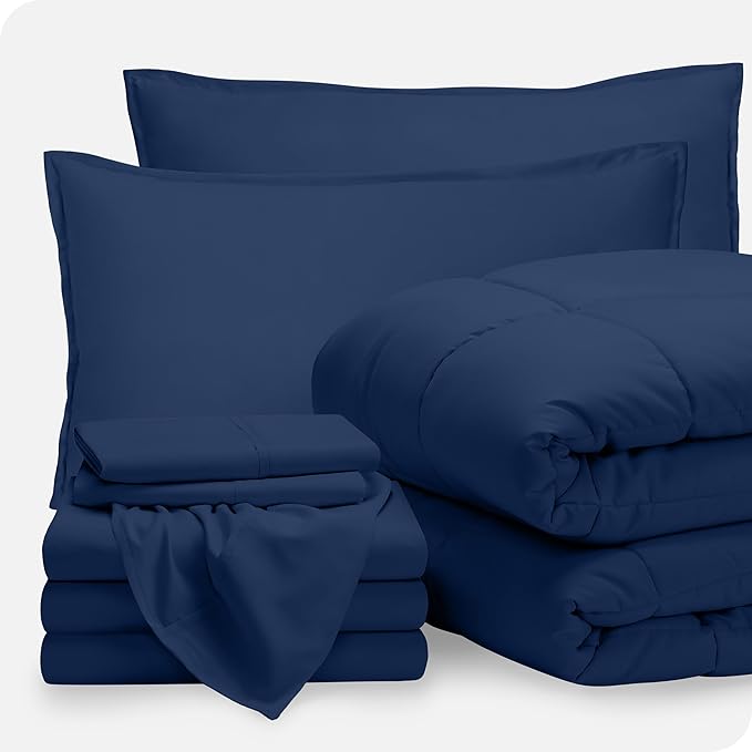 Bare Home Bed-in-A-Bag 8 Piece Comforter & Sheet Set - Split King - Goose Down Alternative - Ultra-Soft 1800 Premium Bedding Set (Split King, Dark Blue/Dark Blue)