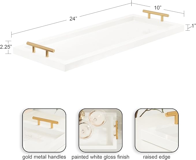 Kate and Laurel Halsey Rectangle Decorative Narrow Tray with Gold Metal Handles, 24 x 10, Green and Gold, Modern Glam Slim Serving Tray with Handles for Living Room Décor