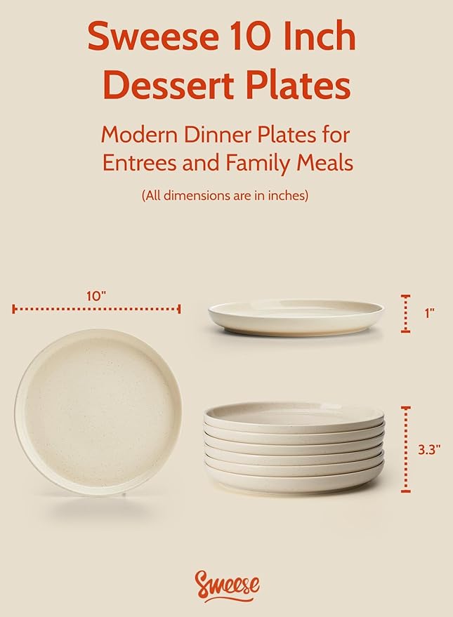 Sweese Porcelain Dinner Plates Set - 10 Inch Beige Round Dishes, 6-Pack, for Salad Serving, Scratch Resistant, Oven, Microwave Safe
