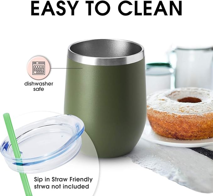 HASLE OUTFITTERS 12oz Wine Tumbler with Lid Stemless Wine Glasses Double Wall Vacuum Travel Mugs stainless steel Coffee Cup for Cold & Hot Drinks Wine Coffee Cocktails Beer 12 Pack Army Green