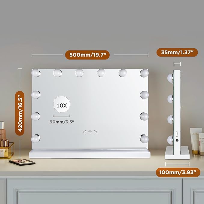 M MIVONDA Vanity Mirror with Lights, Lighted Makeup Hollywood Mirror with Dimmable 3 Color Lights LED Bulbs for Desk and Wall, Mirrors with Plug-in and USB Charger for Bedroom