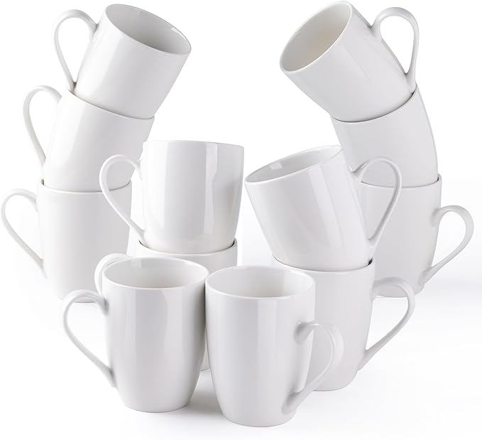 AmorArc 12oz Off White Coffee Mugs Set of 12, Ceramic Coffee Mugs with Large Handle for Man, Woman, Light Weight Coffee Mugs Set for Latte/Cappuccino/Cocoa/Milk, Dishwasher & Microwave Safe, 12Pcs