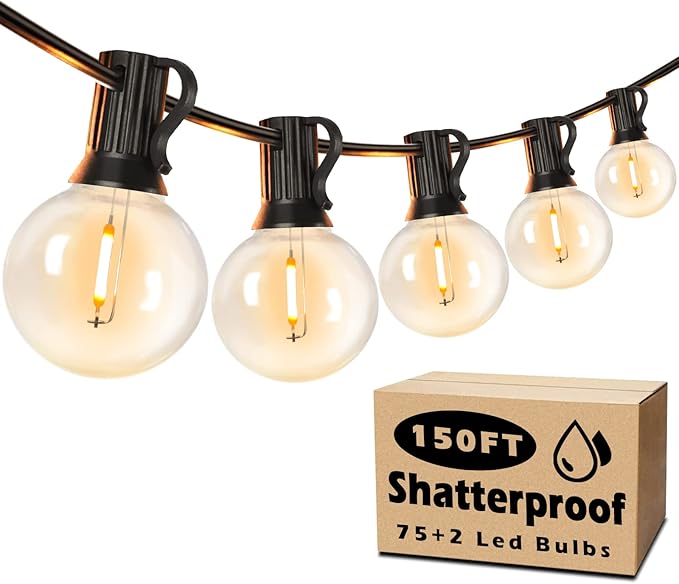 Brightever Outdoor String Light 150FT, Waterproof Dimmable Patio Lights with 75 G40 Globes, Shatterproof Connectable Outside Hanging Light for Backyard Porch