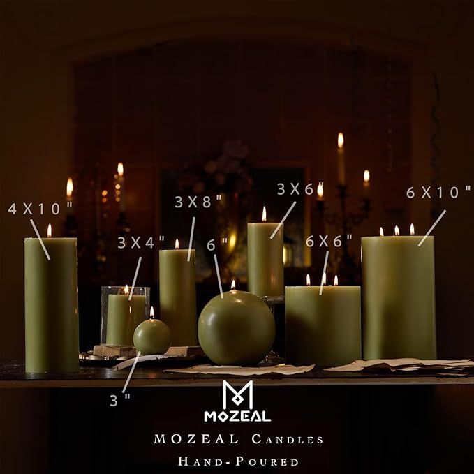 MOZEAL Hand-Poured, 6 Inch Olive Green Large Round Ball Candles - Elegant Olive Green Round Pillar Candles, Dripless, Unscented, Smokeless, Ideal for Autumn Gatherings.