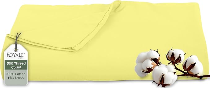 Royale Linens 300 Thread Count 100% Long Staple Combed Cotton Flat Sheet - Super Soft - Top Sheets - Full Flat Sheet Sold Separately - Breathable, Cool & Crisp Percale Sheets Only (Twin XL, Yellow)
