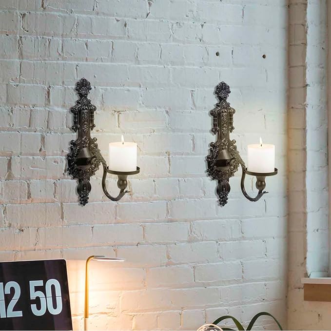 GAKA Wall Sconce Candle Holder Set of 2 Gothic Metal Candle Sconce Black Candle Holders Vintage Wall Mount Candle Holders Decorative,Black