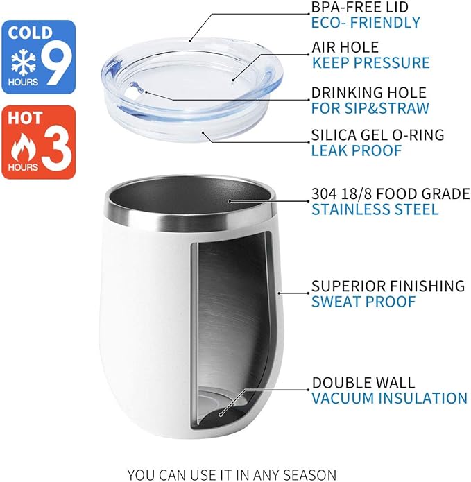 HASLE OUTFITTERS 12oz Wine Tumbler with Lid Stemless Wine Glasses Double Wall Vacuum Travel Mugs stainless steel Coffee Cup for Cold & Hot Drinks Wine Coffee Cocktails Beer 6 Pack White
