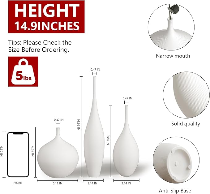 White Ceramic Vase Modern Boho Wabi-Sabi Flower Vase Set of 3 Decorative Aesthetic Vases for Centerpieces Pampas Matte Minimalist Vases for Living Room Table Shelf Home Decor Gift